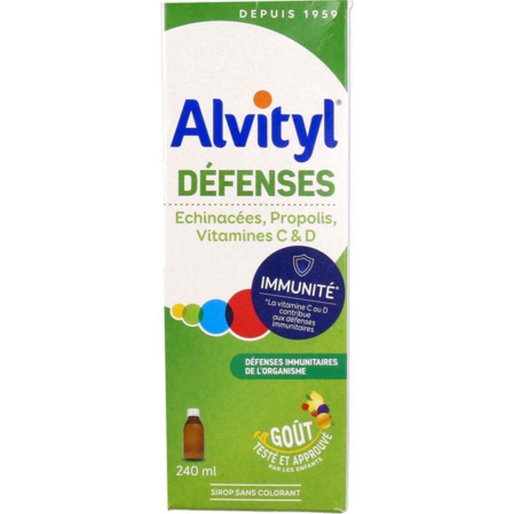 Boîte Alvityl Défenses Sirop. Contient échinacée, propolis, vitamines C & D. Emballage vert et blanc.