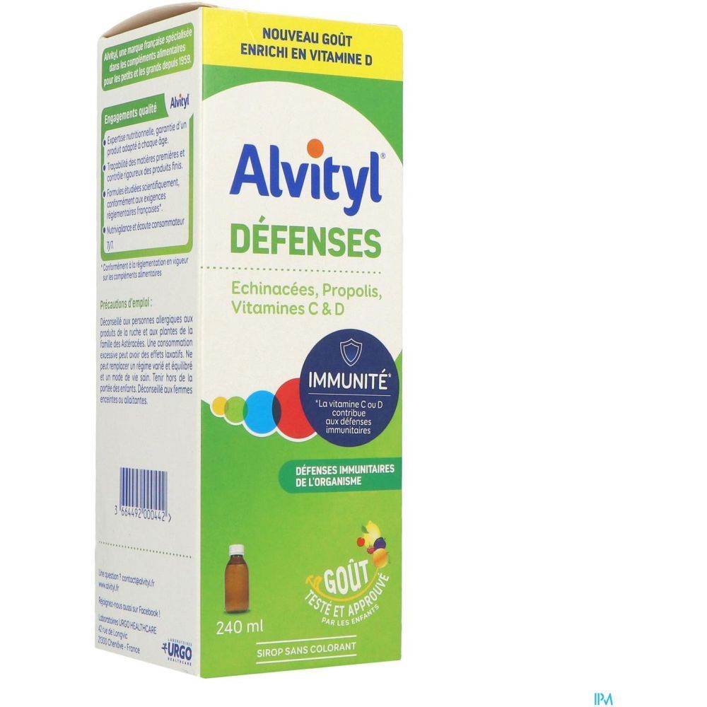 Boîte Alvityl Défenses Sirop. Contient échinacée, propolis, vitamines C & D. Emballage vert et blanc.