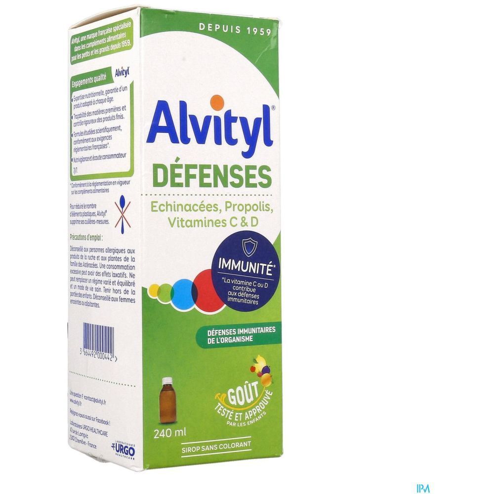 Boîte Alvityl Défenses Sirop. Contient échinacée, propolis, vitamines C & D. Emballage vert et blanc.