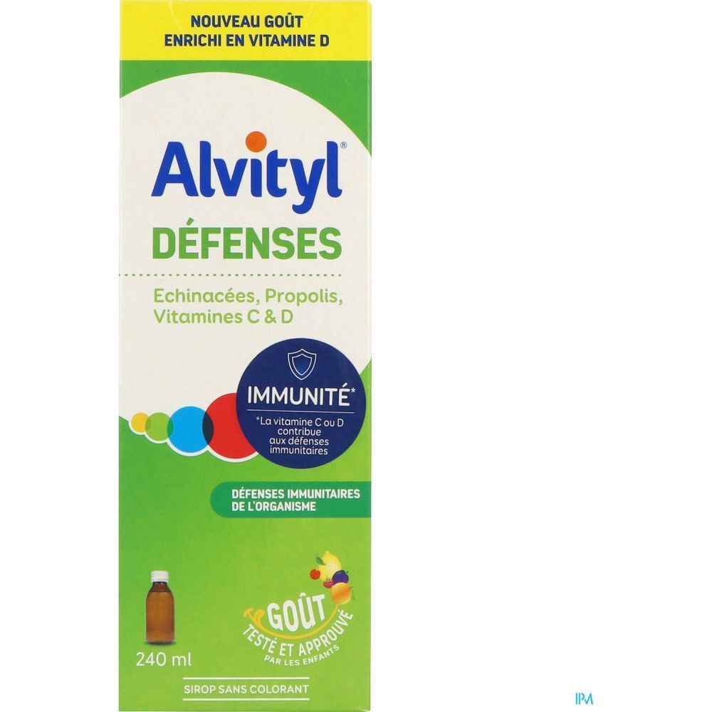 Boîte Alvityl Défenses Sirop. Contient échinacée, propolis, vitamines C & D. Emballage vert et blanc.