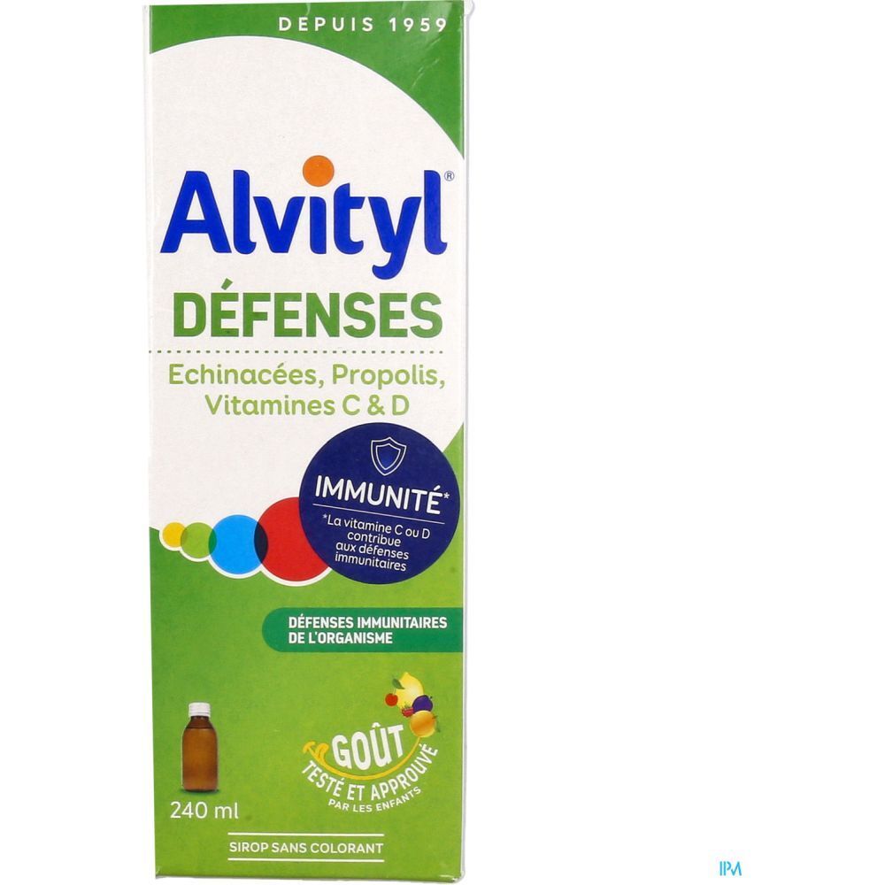 Boîte Alvityl Défenses Sirop. Contient échinacée, propolis, vitamines C & D. Emballage vert et blanc.