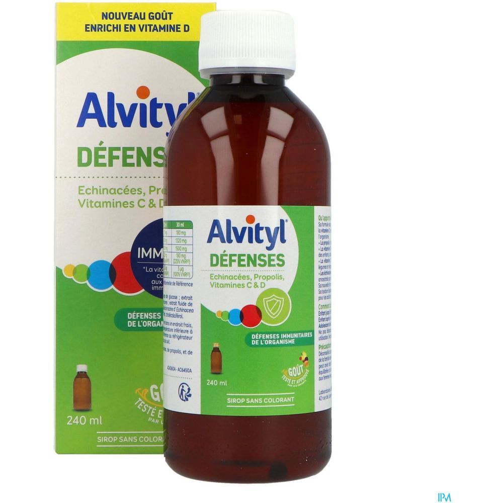 Flacon et boîte Alvityl Défenses Sirop. Flacon brun, bouchon blanc. Contient échinacée, propolis, vitamines C & D.