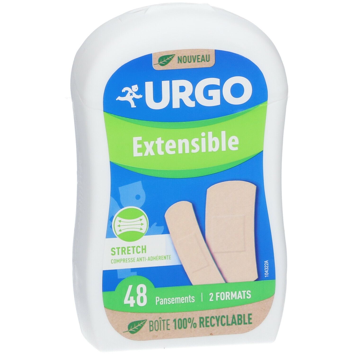 Boîte de pansements URGO Extensible. 48 pansements, 2 formats. Boîte recyclable.
