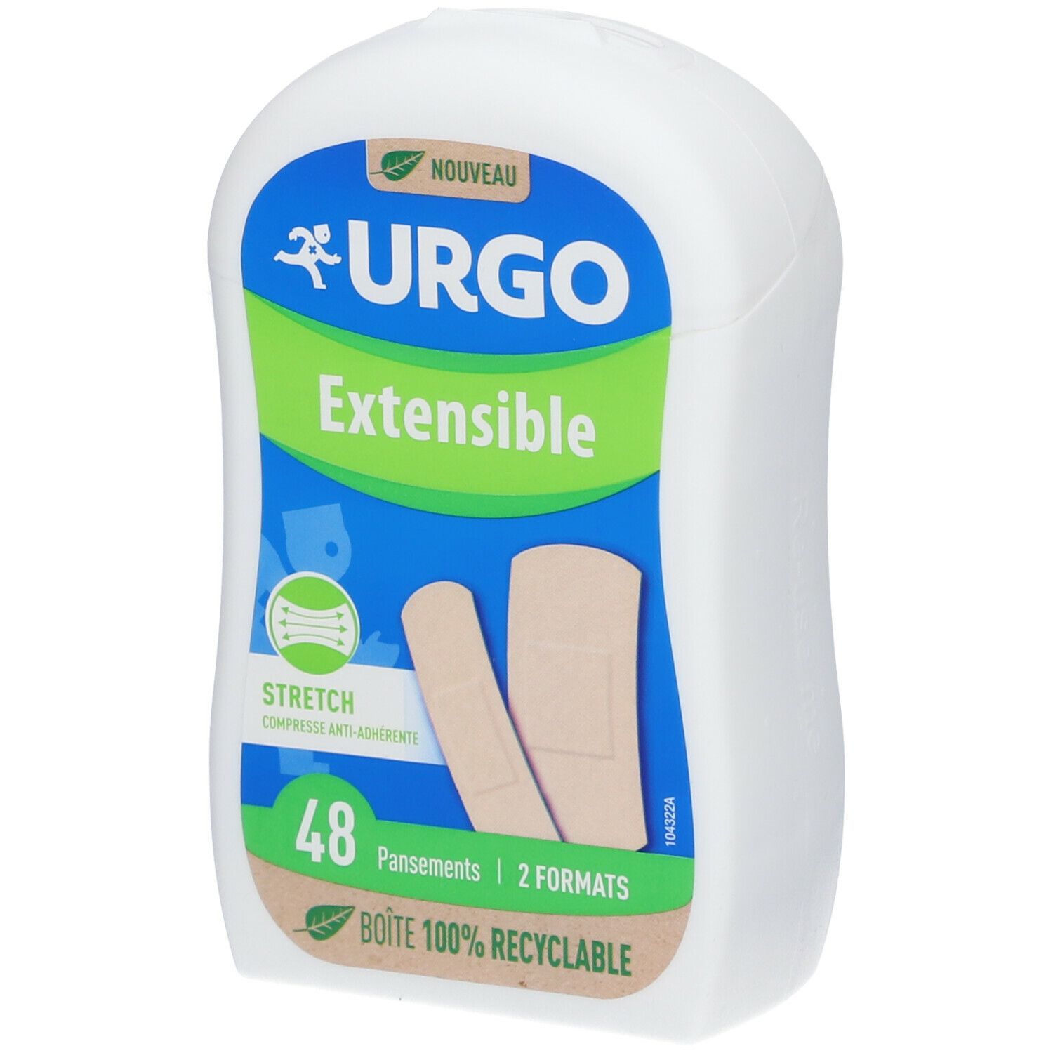 Boîte de pansements URGO Extensible. 48 pansements, 2 formats. Boîte recyclable.