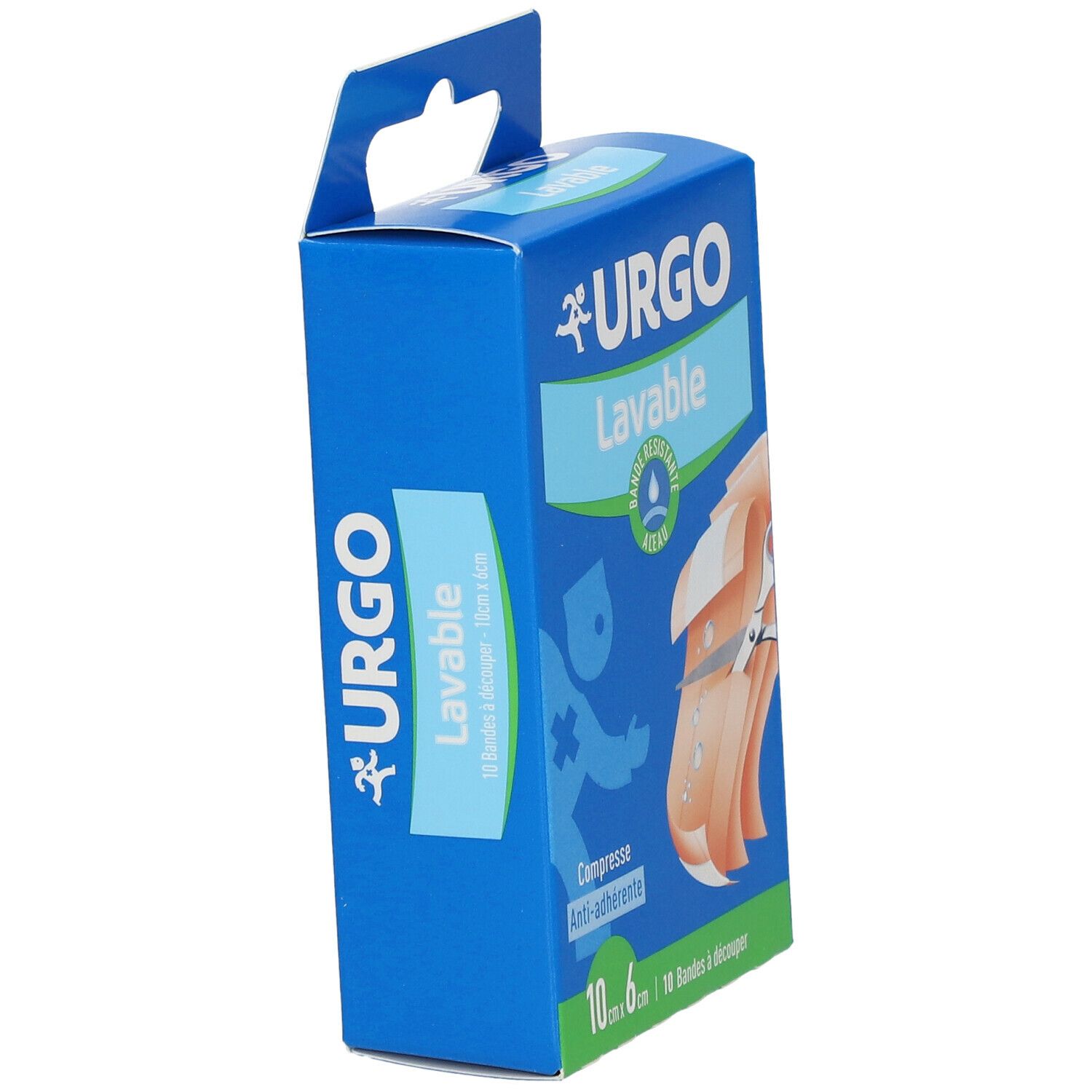 Vue latérale de la boîte bleue URGO.  Bande lavable, 10 cm x 6 cm. 10 Bandes à découper. Compresse anti-adhérente.