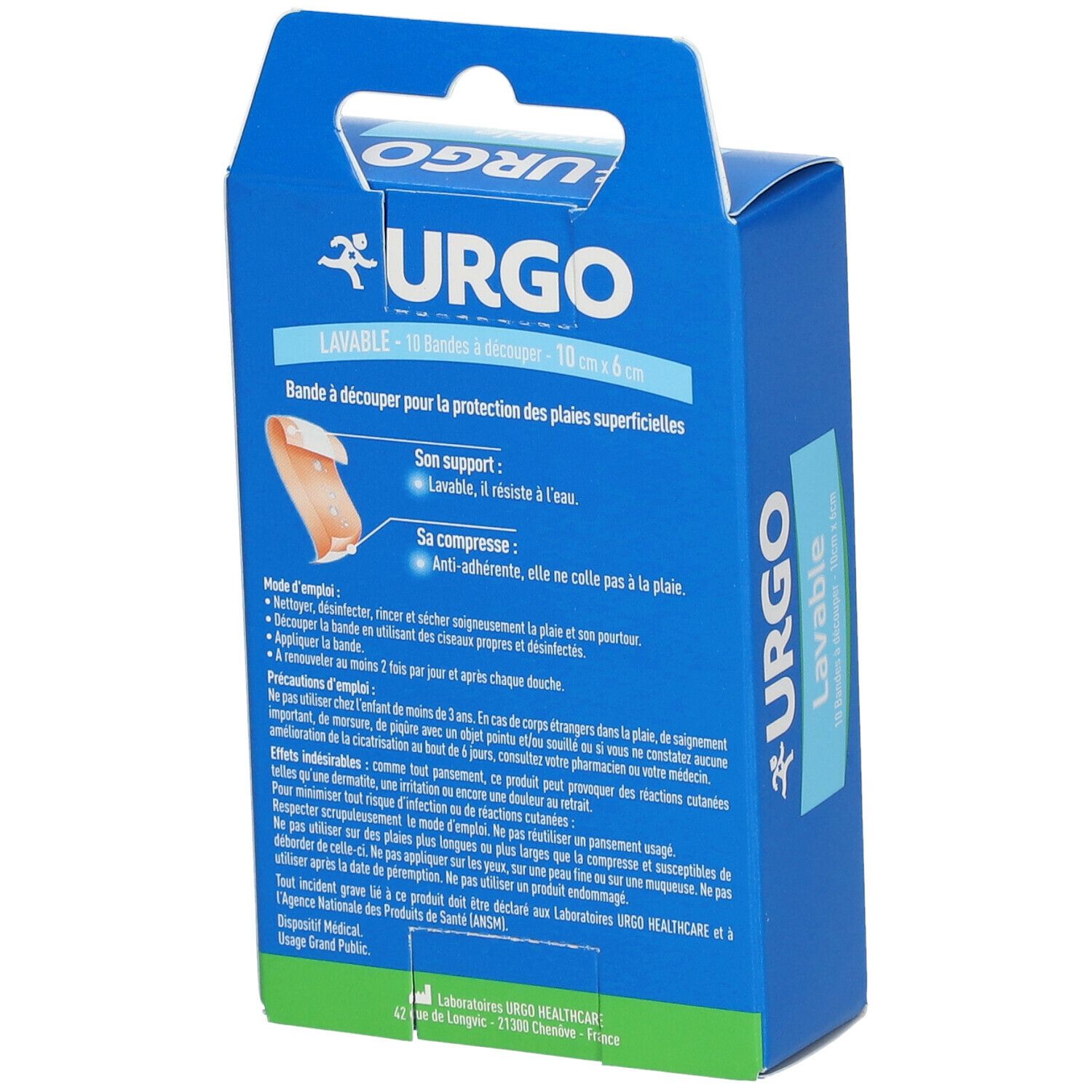 Dos de la boîte bleue URGO. Informations produit et mode d'emploi. Bande à découper pour la protection des plaies superficielles.