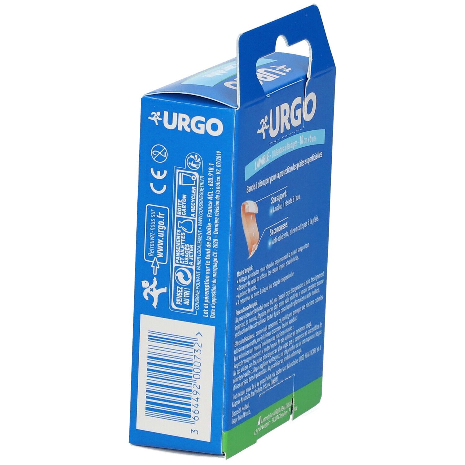 Vue latérale de la boîte bleue URGO. Informations produit et logos. Bande à découper pour la protection des plaies superficielles.