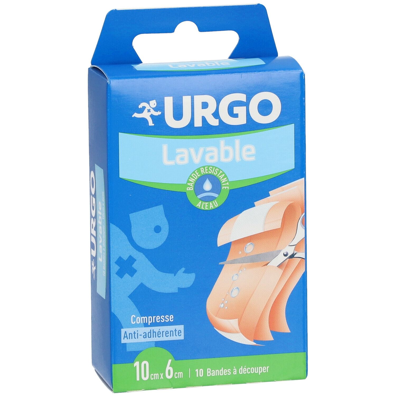 Boîte bleue URGO.  Bande lavable, 10 cm x 6 cm. 10 Bandes à découper. Compresse anti-adhérente.