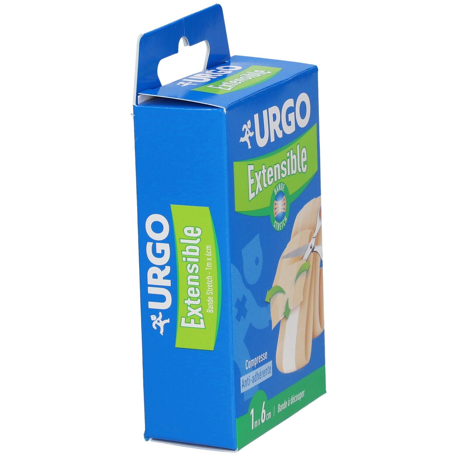 Boîte bleue URGO, vue latérale. Bande extensible. Dimensions : 1 m x 6 cm. Logo et texte en évidence.