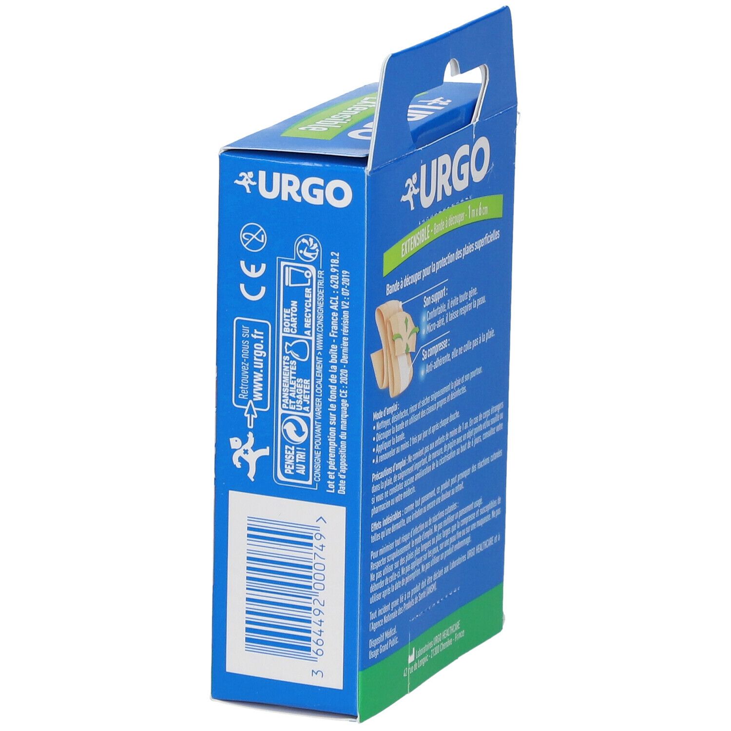 Boîte bleue URGO, dos. Texte, logos et code-barres. Dimensions : 1 m x 6 cm.