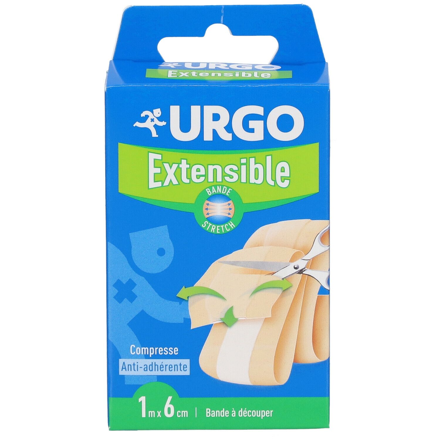 Boîte bleue URGO. Bande extensible coupée avec ciseaux. Dimensions : 1 m x 6 cm. Logo et texte en évidence.