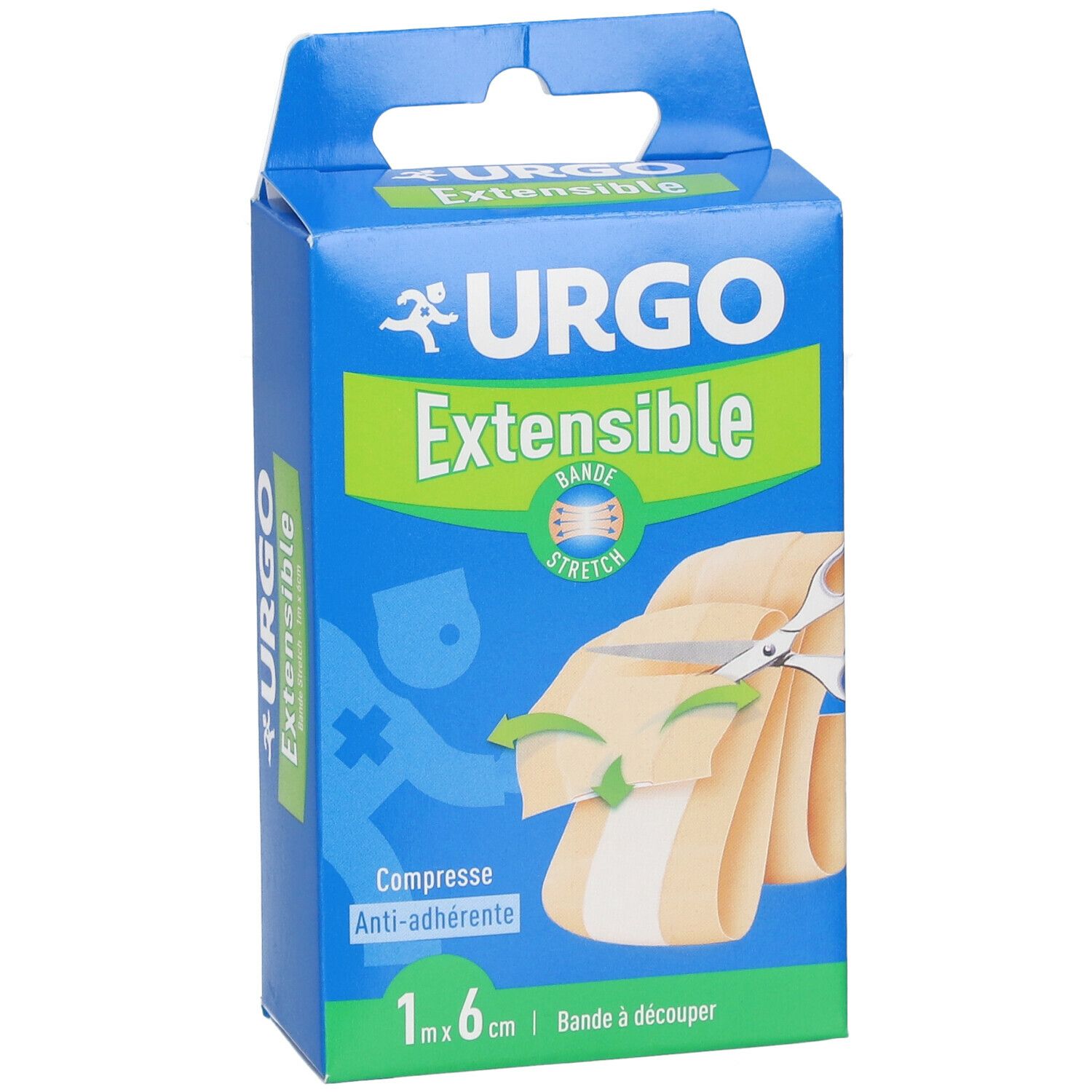 Boîte bleue URGO. Bande extensible coupée avec ciseaux. Dimensions : 1 m x 6 cm. Logo et texte en évidence.