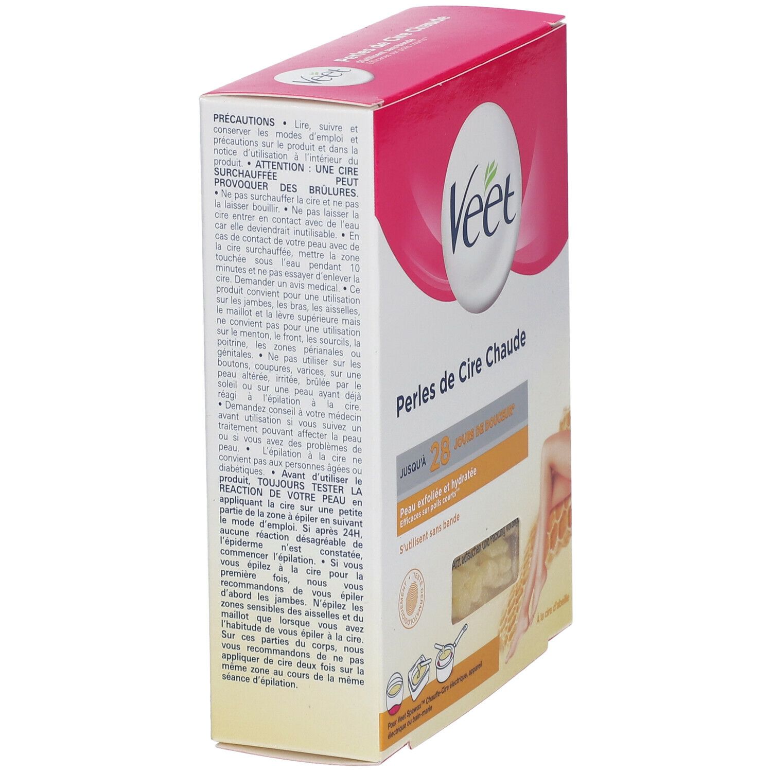 Emballage de cire chaude Veet, en biais. Emballage rose et blanc avec nom du produit et illustration de jambe. Contient des perles de cire. Avertissements sur le côté.