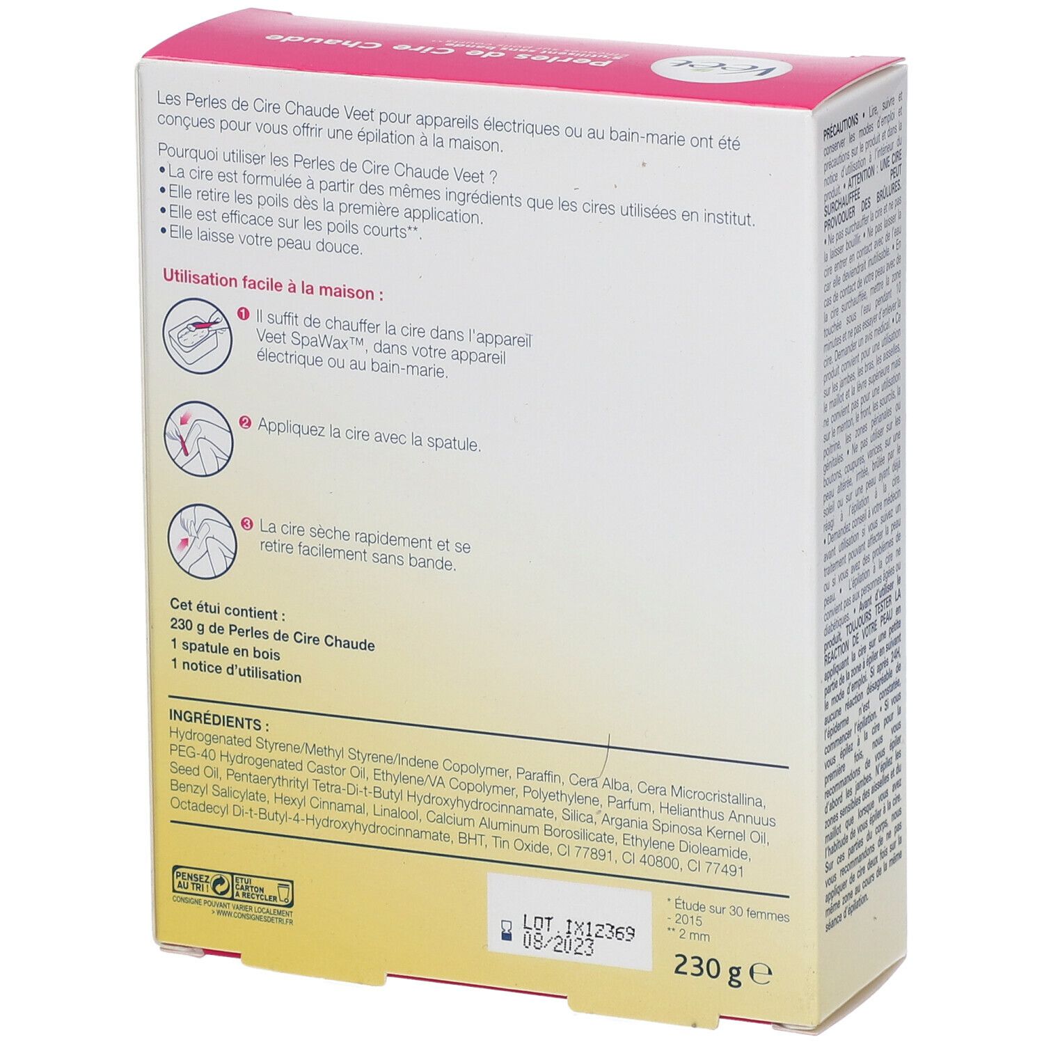 Dos de l'emballage de cire chaude Veet. Contient les ingrédients, le mode d'emploi et les informations sur le produit. Paquet de 230g.