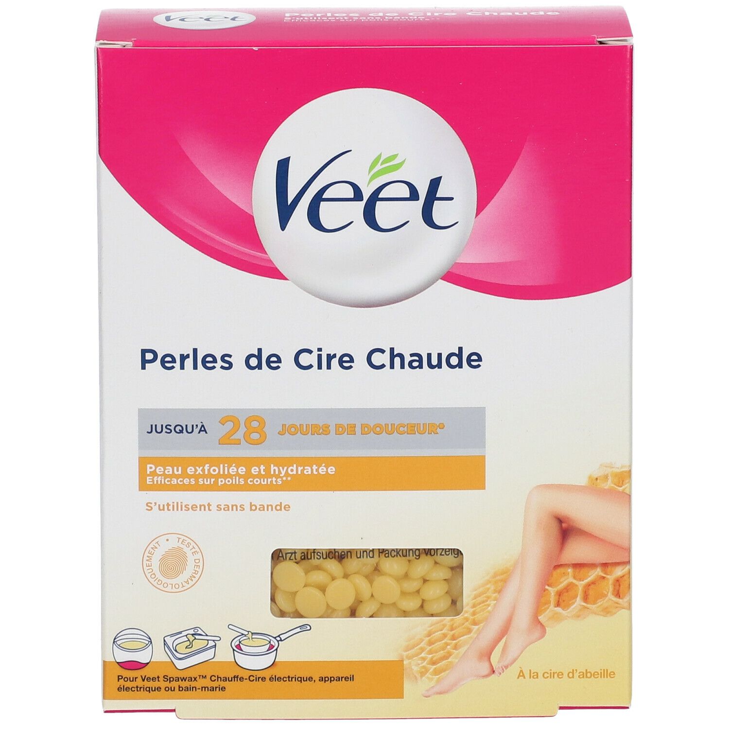 Boîte de cire chaude Veet. Contient des perles de cire. Emballage rose et blanc avec nom du produit et illustration de jambe. Contient de la cire d'abeille.