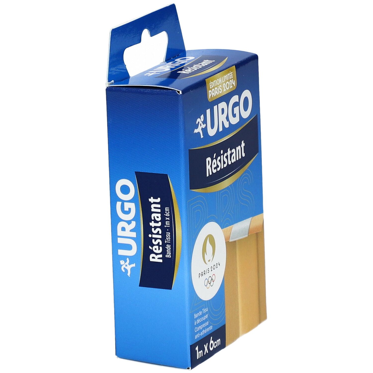 Boîte bleue URGO RÉSISTANT. 1 m x 6 cm. Édition Paris 2024. Bande à découper. Vue du produit.
