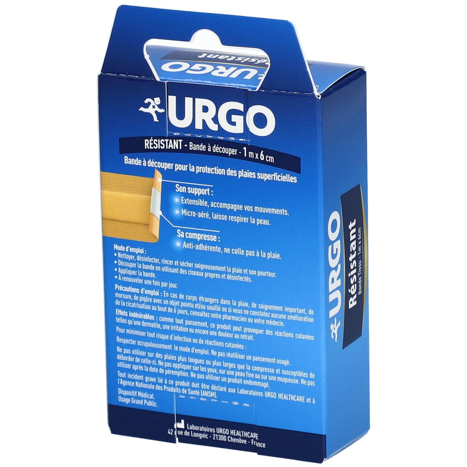 Boîte bleue URGO RÉSISTANT. Dos avec informations produit. Bande à découper. Texte et logos.