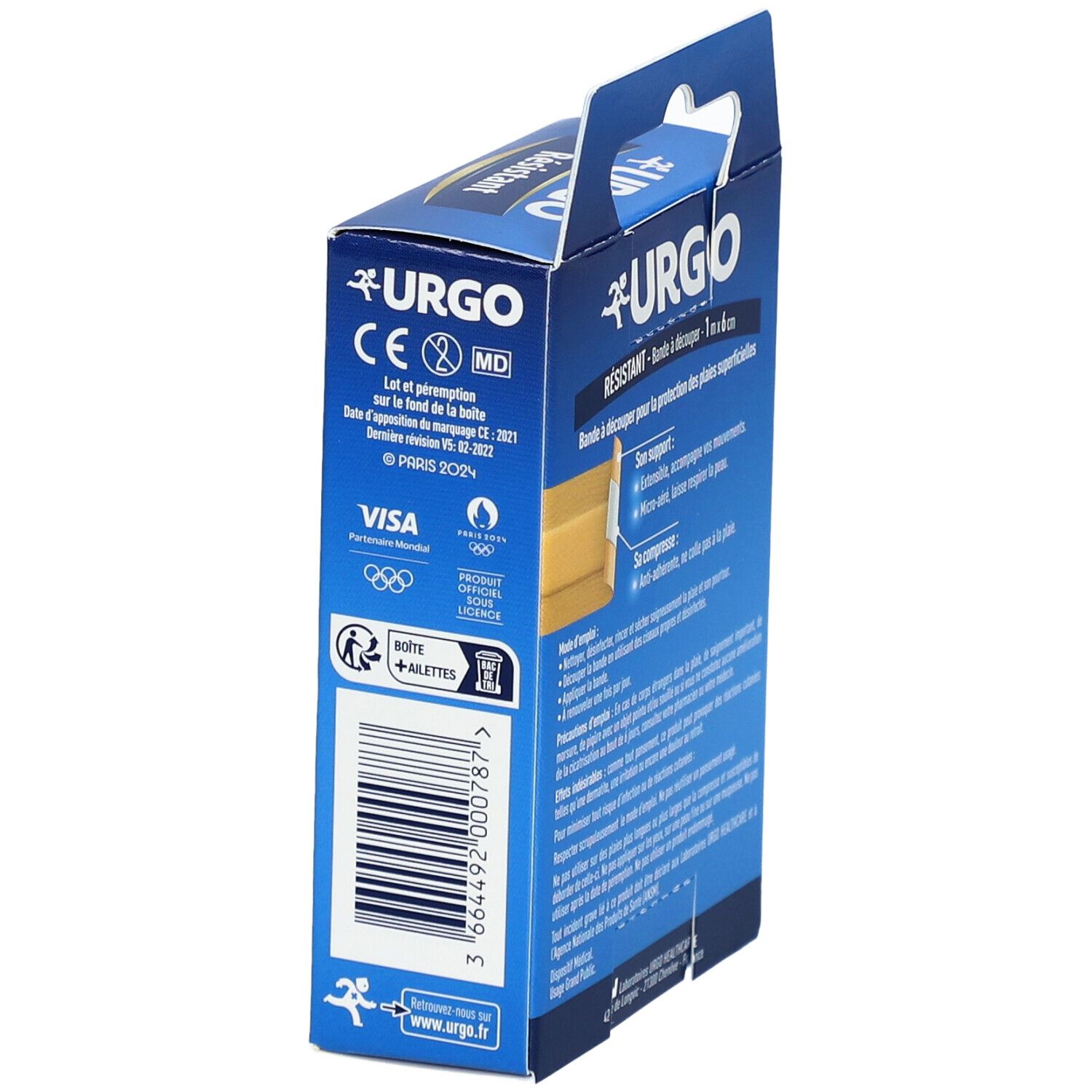 Boîte bleue URGO RÉSISTANT. Vue latérale avec informations produit. Bande à découper. Logos.