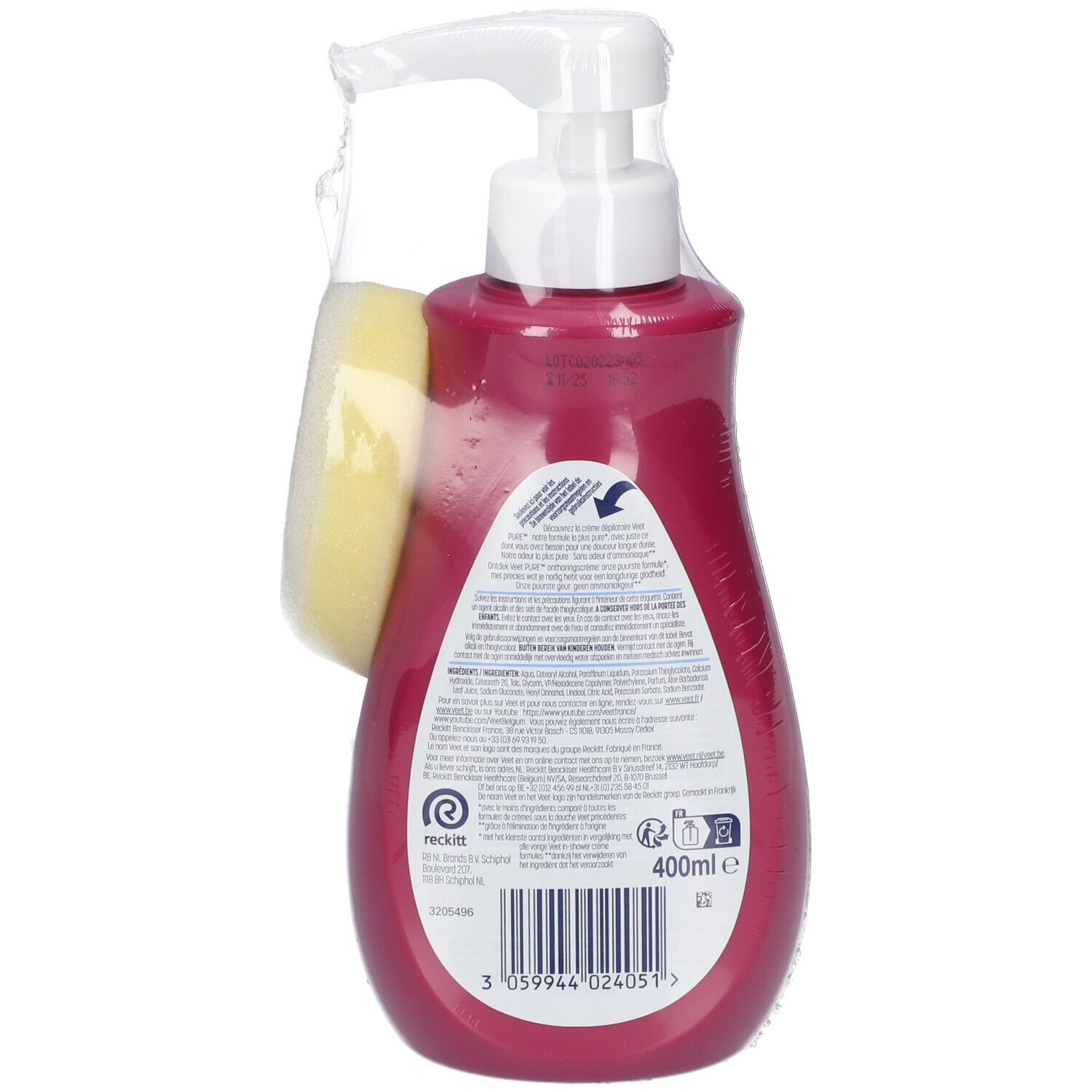 Veet Pure crème dépilatoire, dos du flacon avec informations et code-barres. 400ml.