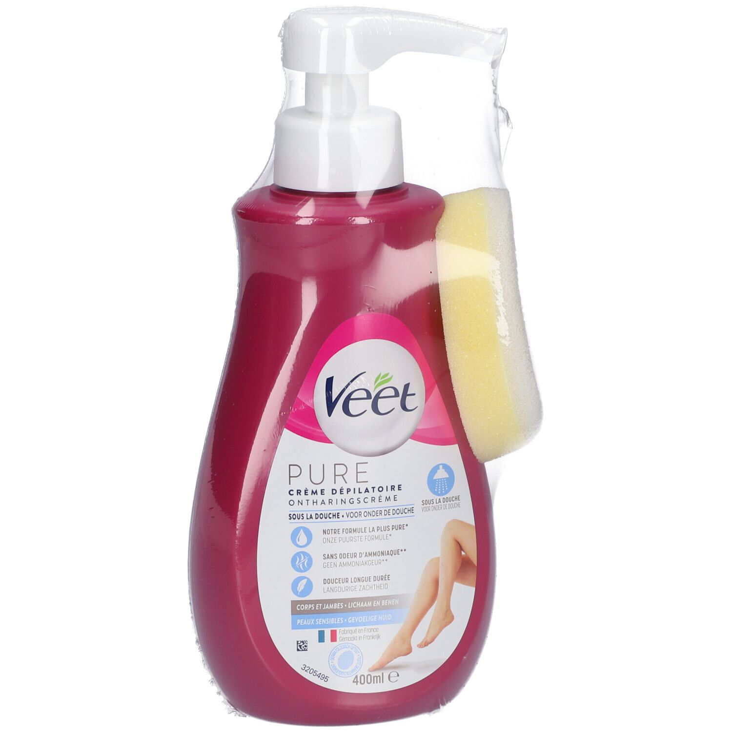 Veet Pure crème dépilatoire, flacon rose avec pompe et éponge, emballé sous film. 400ml.
