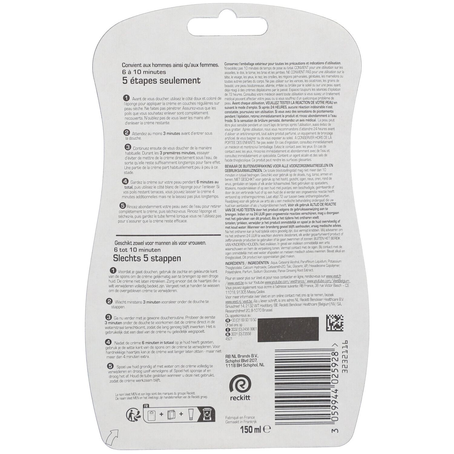Dos de l'emballage Veet Men crème dépilatoire sous la douche. Texte multilingue. 150 ml.