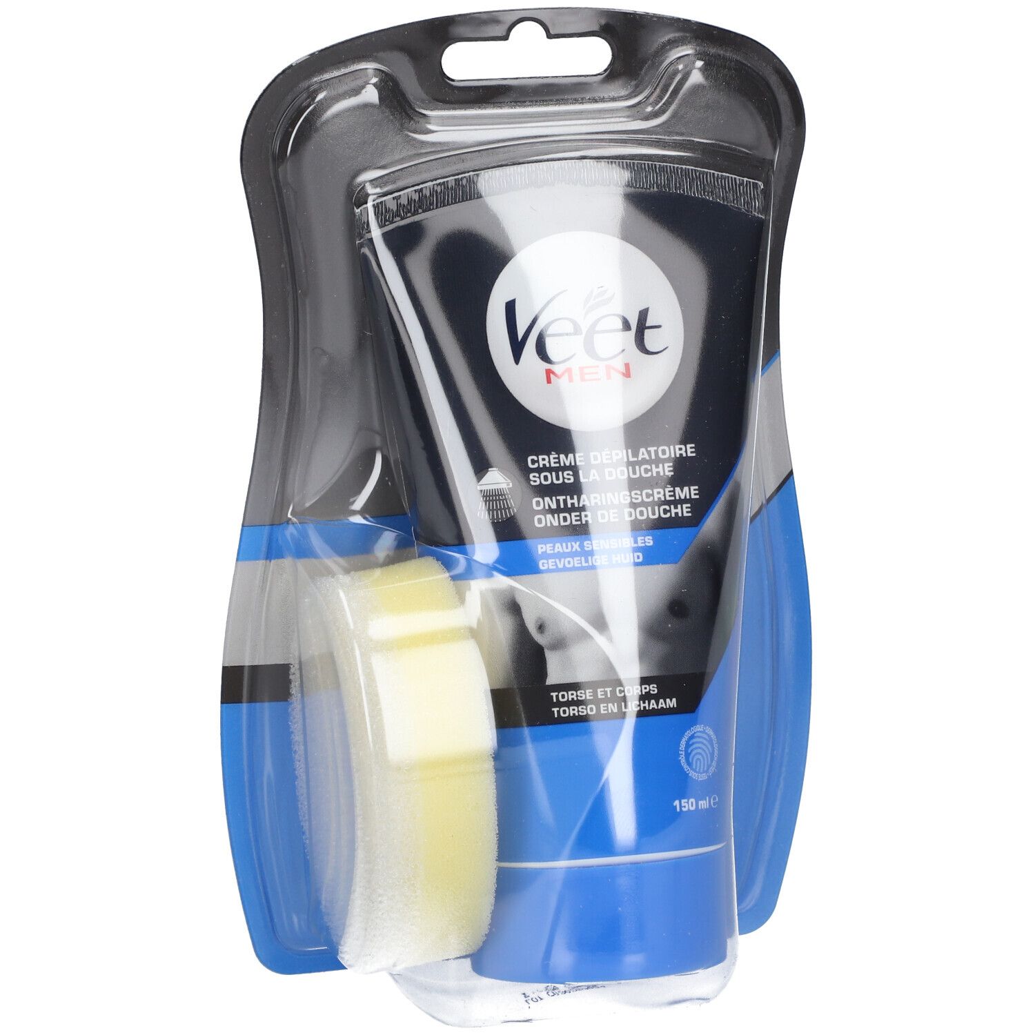 Veet Men crème dépilatoire sous la douche. Tube noir, éponge jaune, emballage blister. Texte visible.