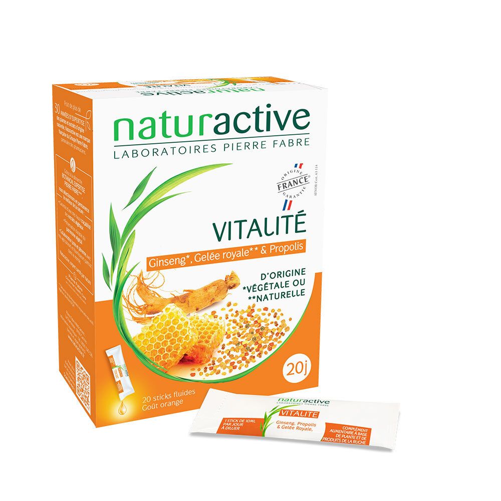 Boîte de Naturactive VITALITE Stick fluide. Contient 20 sticks. Inscription: Ginseng, Gelée royale & Propolis.
