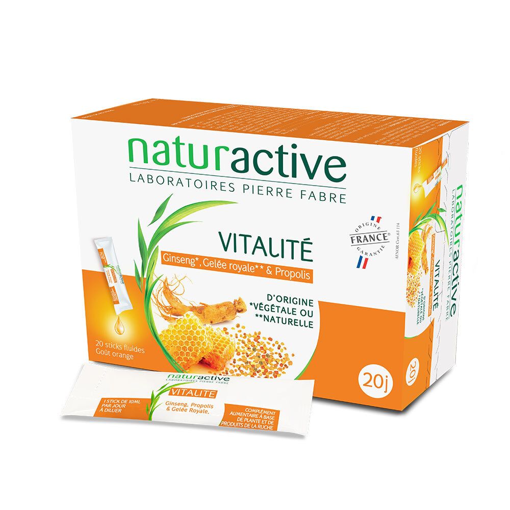 Boîte de Naturactive VITALITE Stick fluide avec un stick. Inscription: Ginseng, Gelée royale & Propolis. 20 sticks.