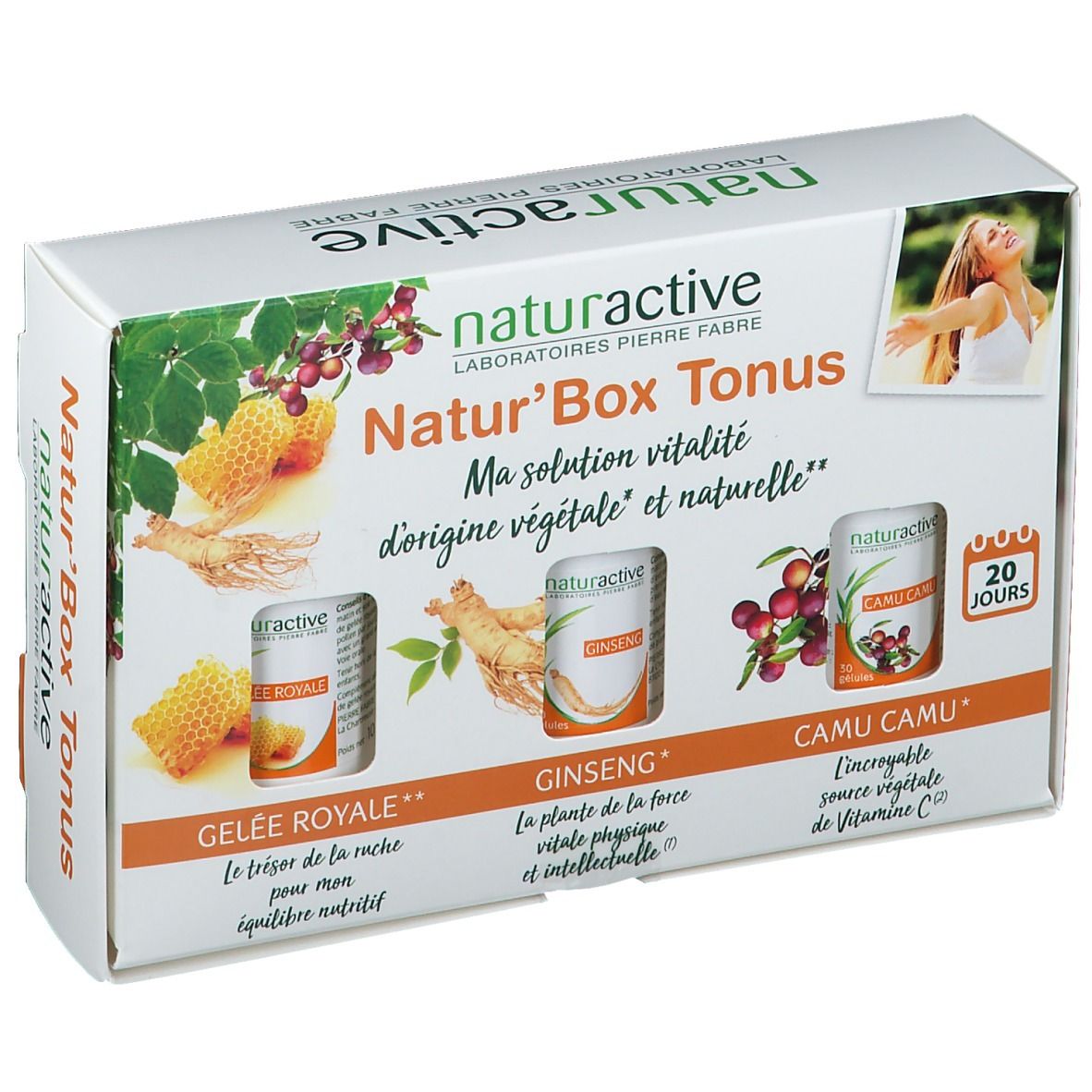 Boîte Natur'Box Tonus avec trois petits flacons. Contient Gelée Royale, Ginseng et Camu Camu. Inscription "20 jours".