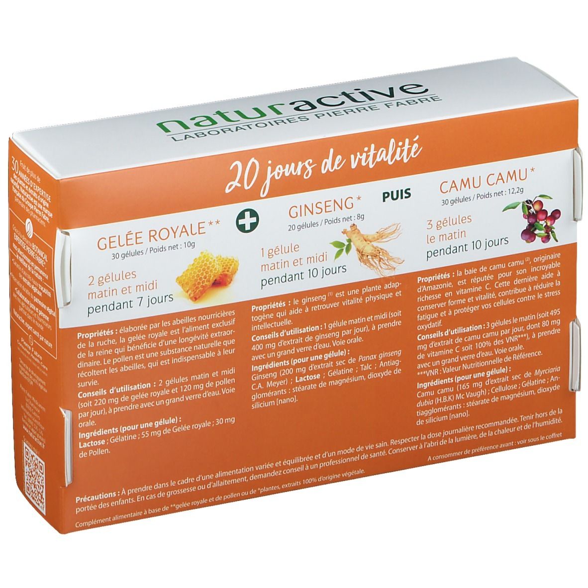 Dos de la boîte Natur'Box Tonus. Contient des informations sur les ingrédients et le dosage. Texte en français.