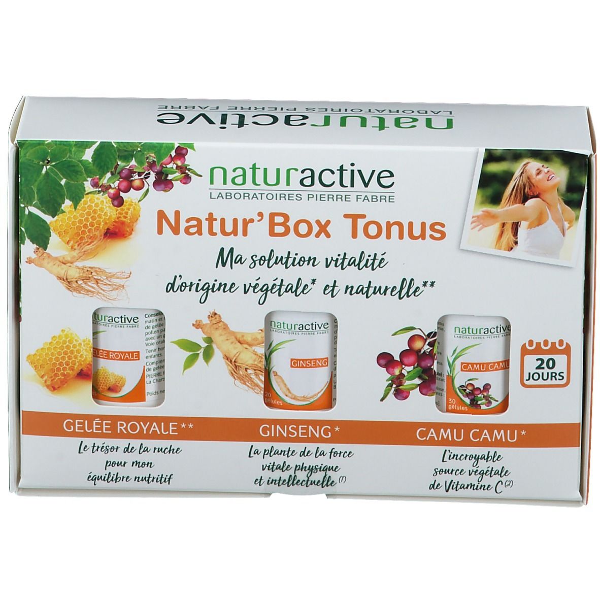 Boîte Natur'Box Tonus avec trois petits flacons. Contient Gelée Royale, Ginseng et Camu Camu. Inscription "20 jours".
