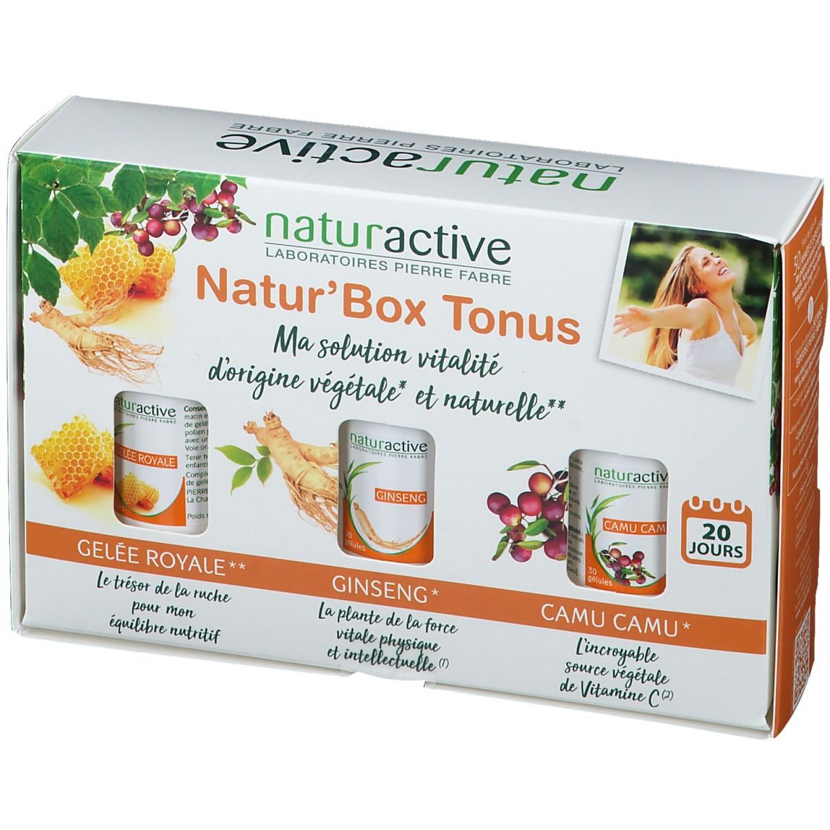 Boîte Natur'Box Tonus avec trois petits flacons. Contient Gelée Royale, Ginseng et Camu Camu. Inscription "20 jours".
