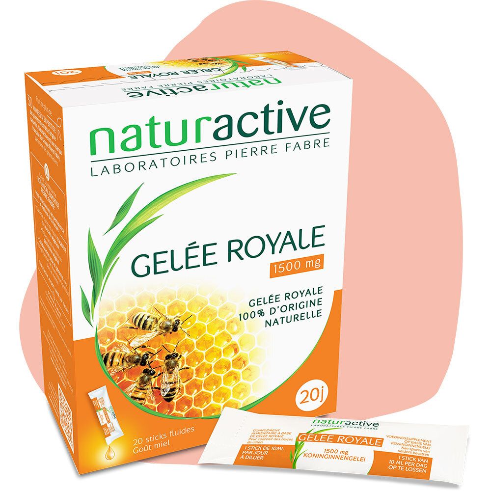 Boîte et stick Naturactive Gelée Royale. 20 sticks, 1500 mg. Ruche, abeilles, feuilles vertes. 100% naturelle.