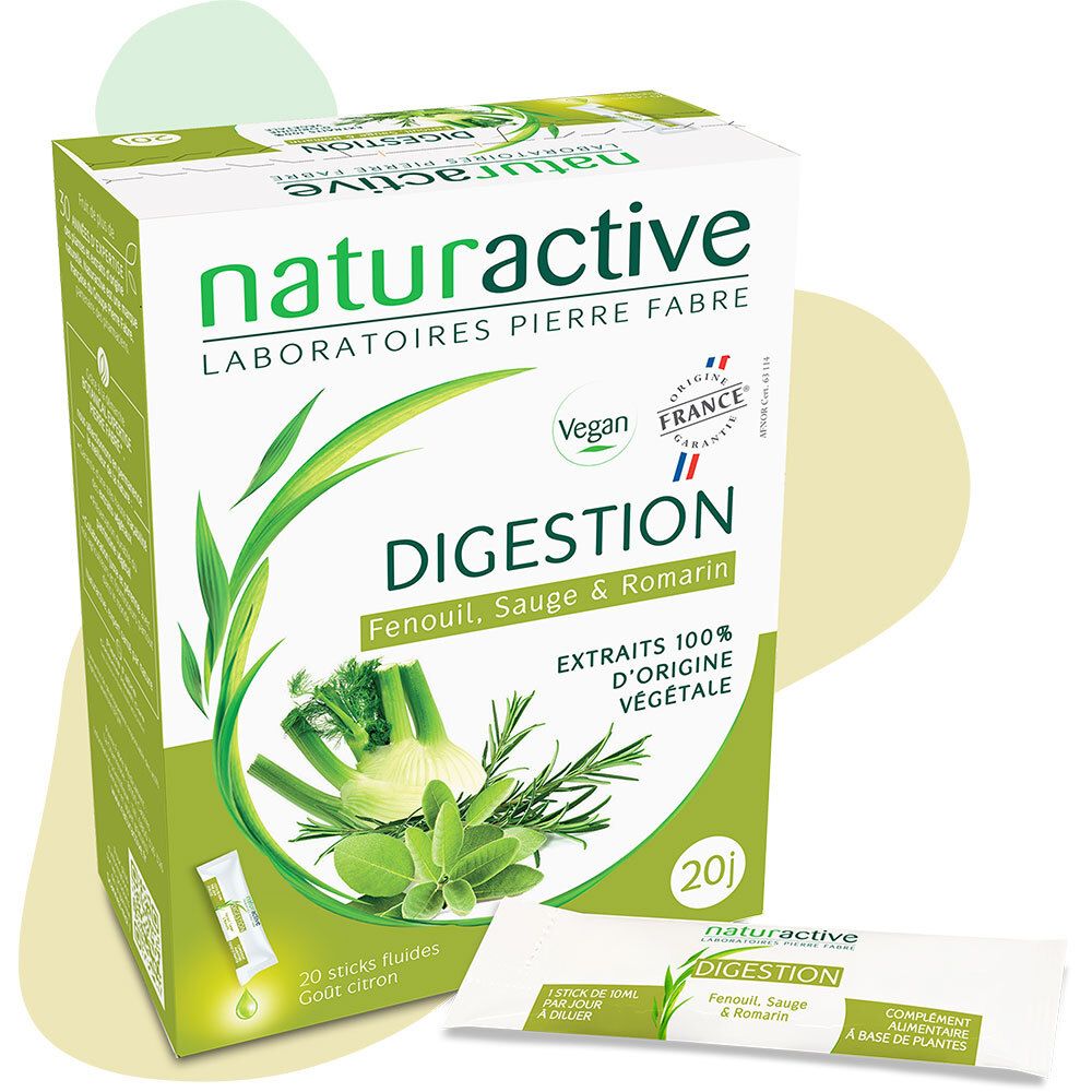 Schachtel mit Naturactive DIGESTION und ein Stick. Aufschrift: Fenchel, Salbei & Rosmarin. Vegan-Siegel.