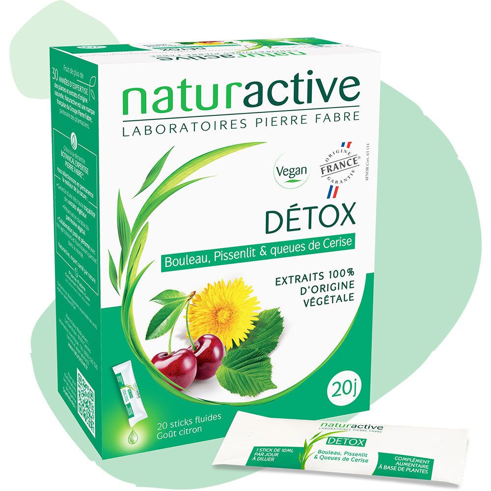 Boîte Naturactive DETOX Stick Fluid avec accents verts. Logo Vegan, label France, 20 sticks, Extrait 100% d'origine végétale.