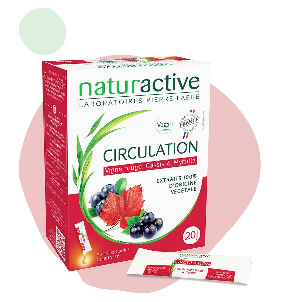 Boîte Naturactive CIRCULATION. Inscription: Vigne rouge, Cassis & Myrtille. 20 sticks. Label Vegan. Drapeau français.