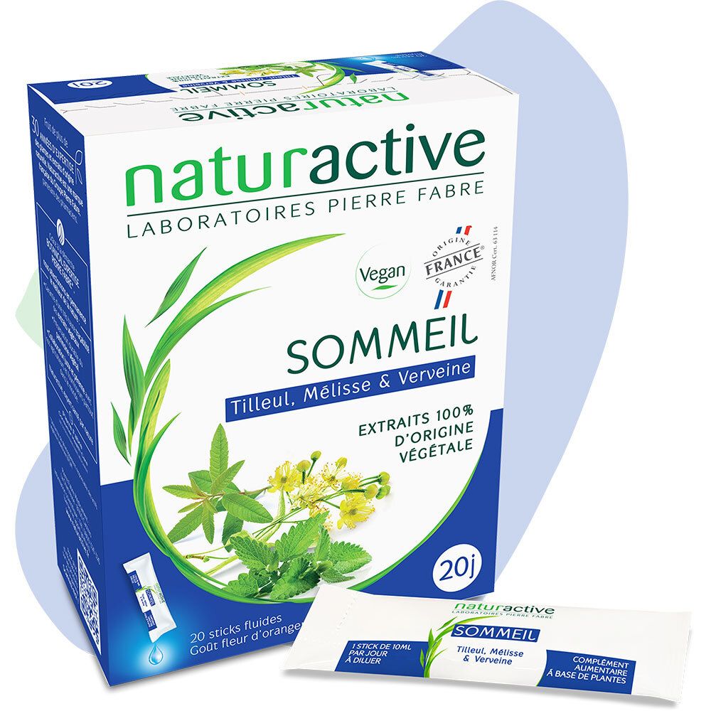 Boîte Naturactive SOMMEIL. Contient 20 sticks fluides. Label Vegan et Origine France.