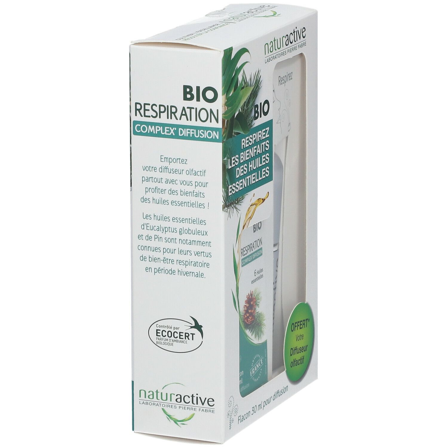 Vue latérale de la boîte. Inscriptions: BIO Respiration, logo ECOCERT. Contient un diffuseur et un flacon.