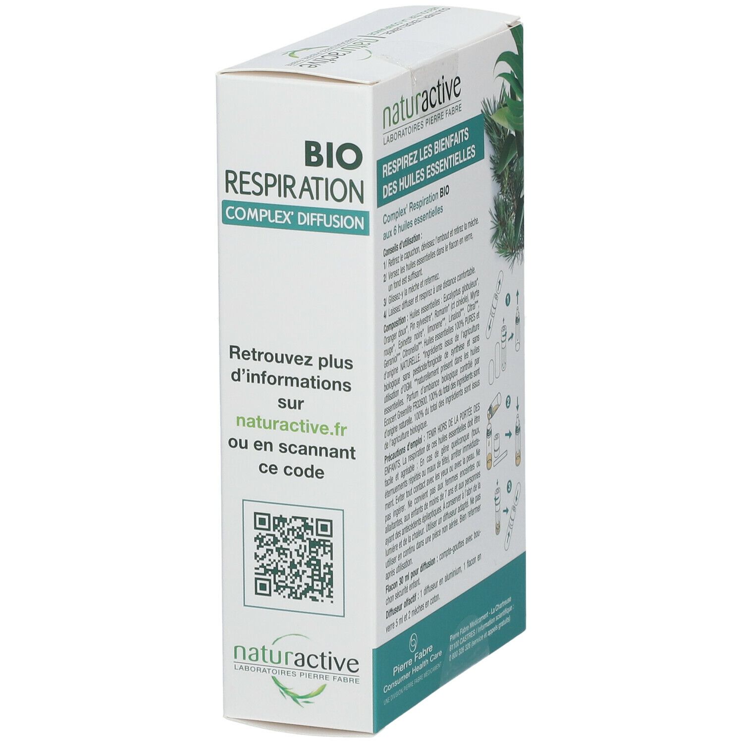Boîte avec code QR et informations. Inscription: BIO Respiration. Logo Naturactive.