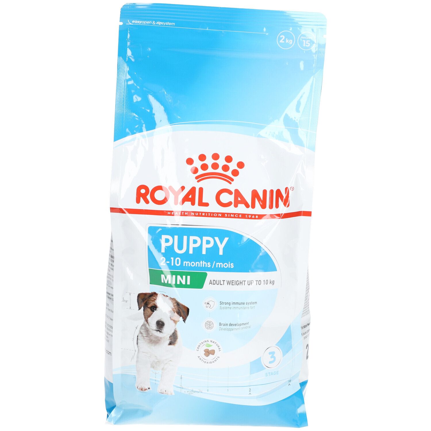 Sac de nourriture pour chiot ROYAL CANIN Mini. Principalement blanc et bleu. Contient une image de chiot. Texte: Puppy Mini, Adult Weight up to 10 kg.