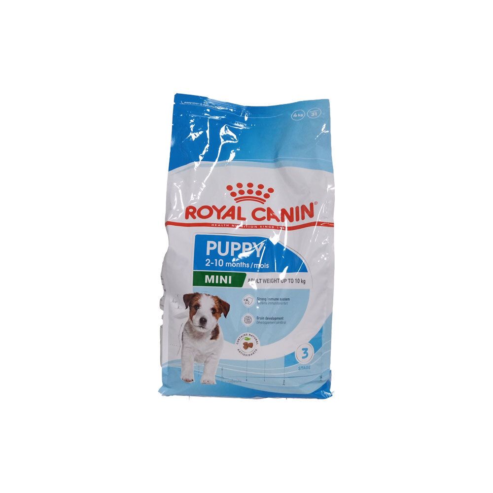 Sac ROYAL CANIN Mini Puppy. Face avant avec photo de chiot, nom du produit, indication d'âge et logo.
