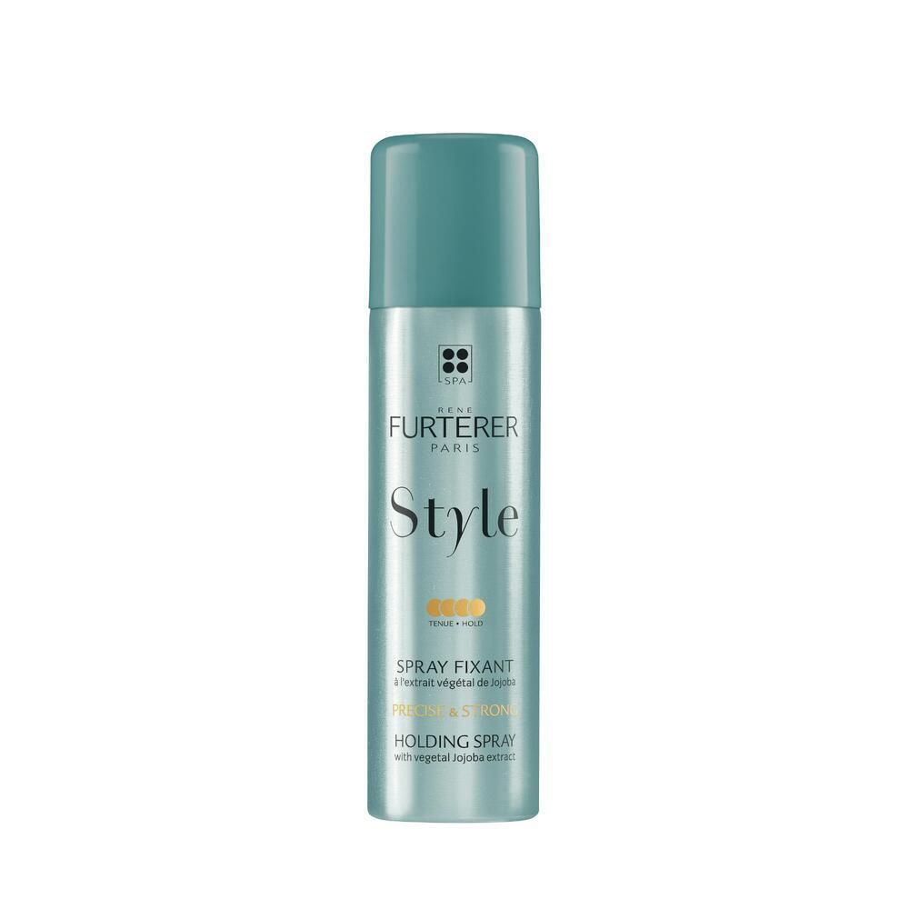 Flacon spray turquoise avec inscription "STYLE Spray fixant". Le bouchon et le flacon sont de couleurs similaires.