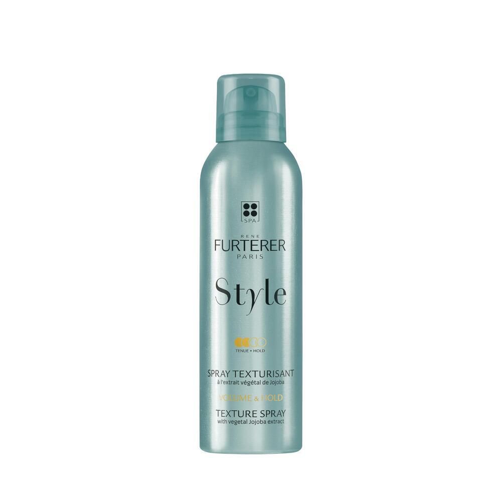 Hellblaue Sprühflasche mit Sprühkopf. Aufschrift: René Furterer, Style, Texturspray mit Jojoba-Extrakt.