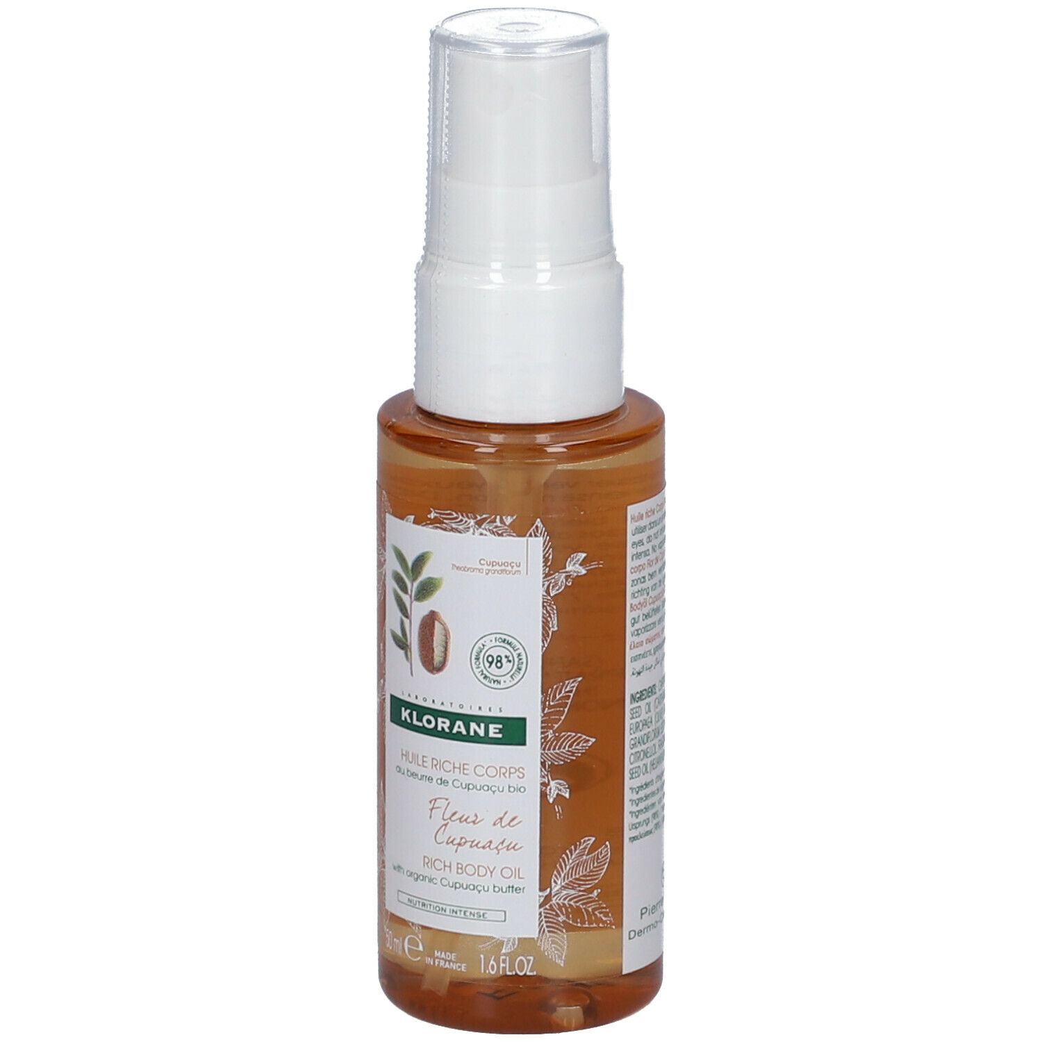 Flacon transparent avec vaporisateur. Inscriptions: KLORANE, Fleurs de Cupuaçu, Rich Body Oil. 98% ingrédients d'origine naturelle.