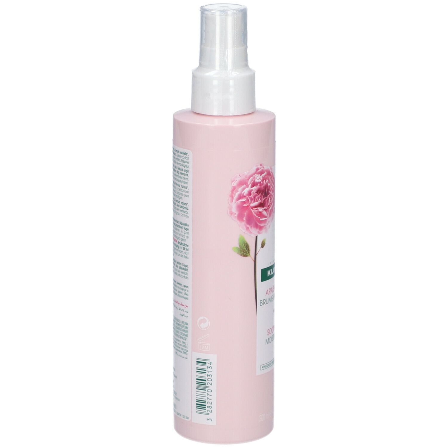 Flacon spray rose avec tête blanche. Impression avec rose et texte. Nom du produit illisible.