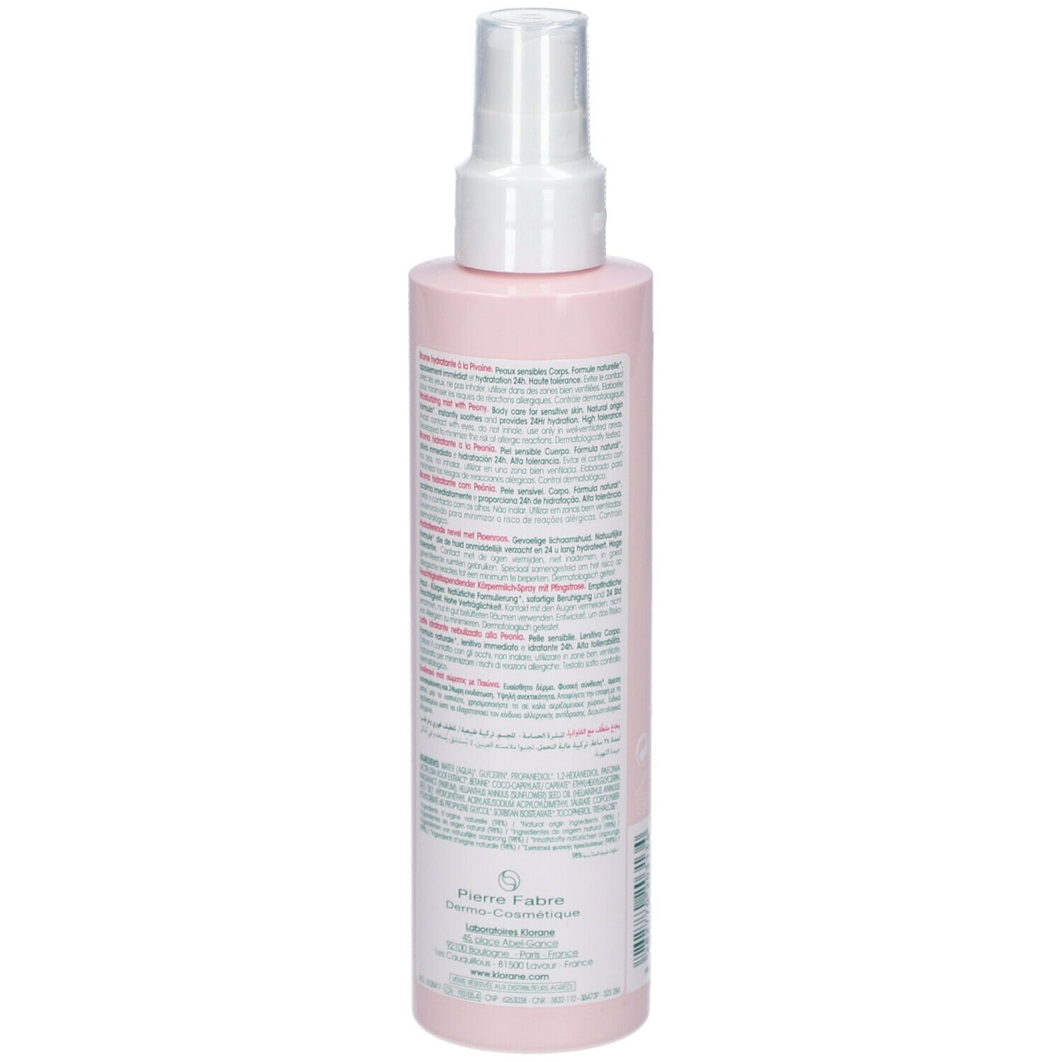 Dos d'un flacon spray rose avec tête blanche. Texte en plusieurs langues. Logo du fabricant.