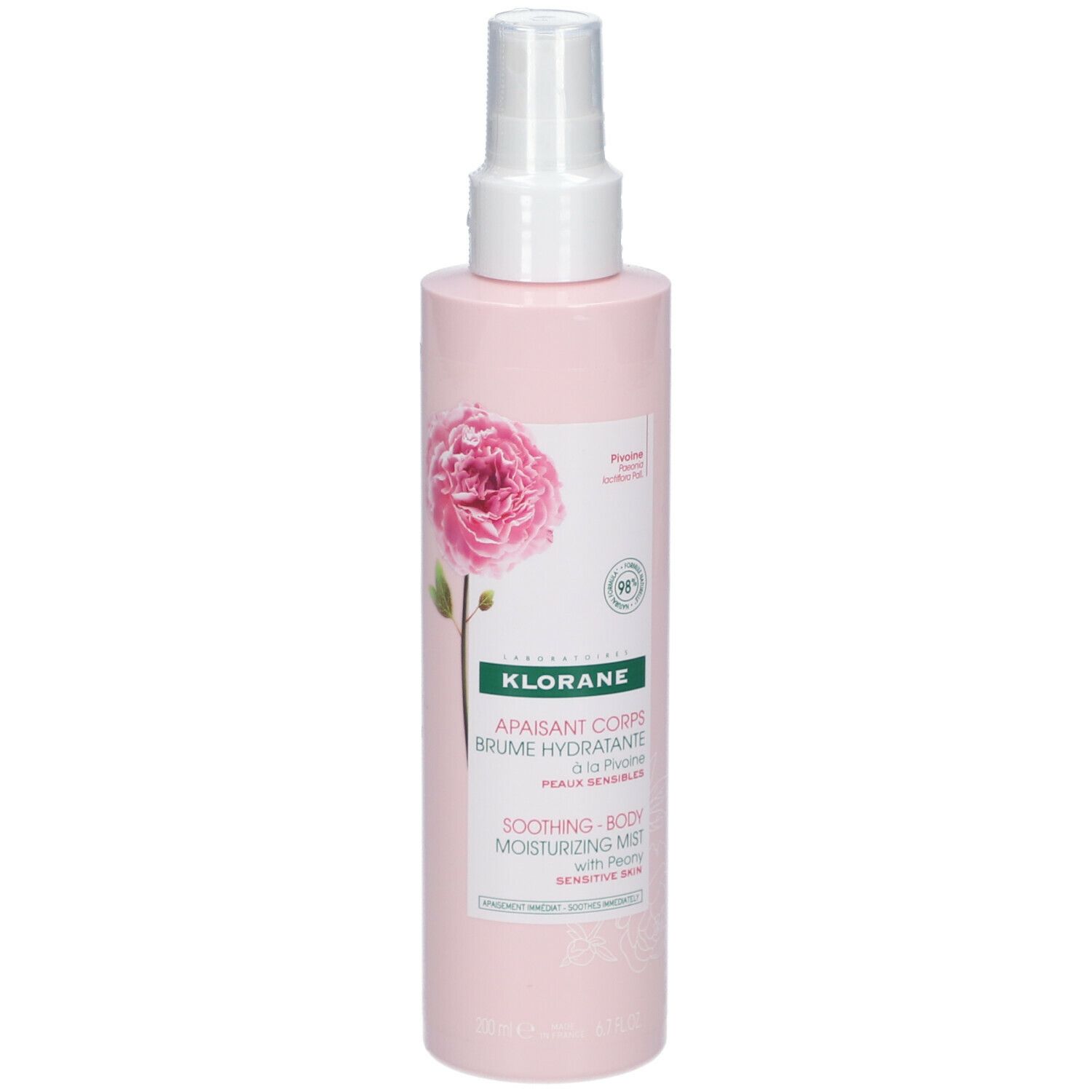 Flacon spray rose avec tête blanche. Impression avec rose, logo et texte. Nom du produit: KLORANE.