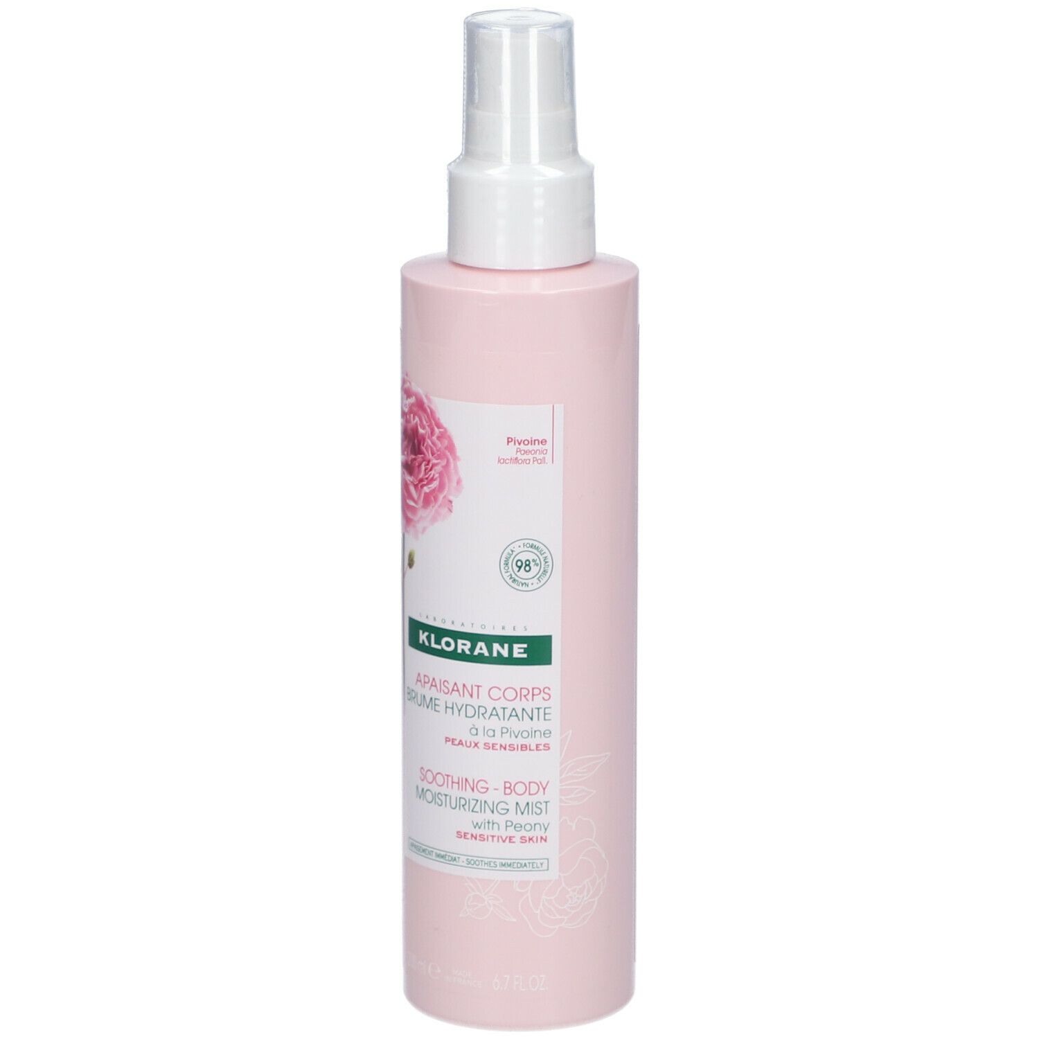 Flacon spray rose avec tête blanche. Impression avec rose, logo et texte. Nom du produit: KLORANE.