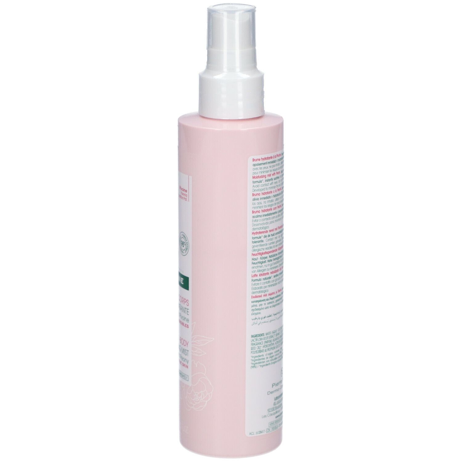 Côté d'un flacon spray rose avec tête blanche. Impression avec rose, logo et texte. Nom du produit: KLORANE.