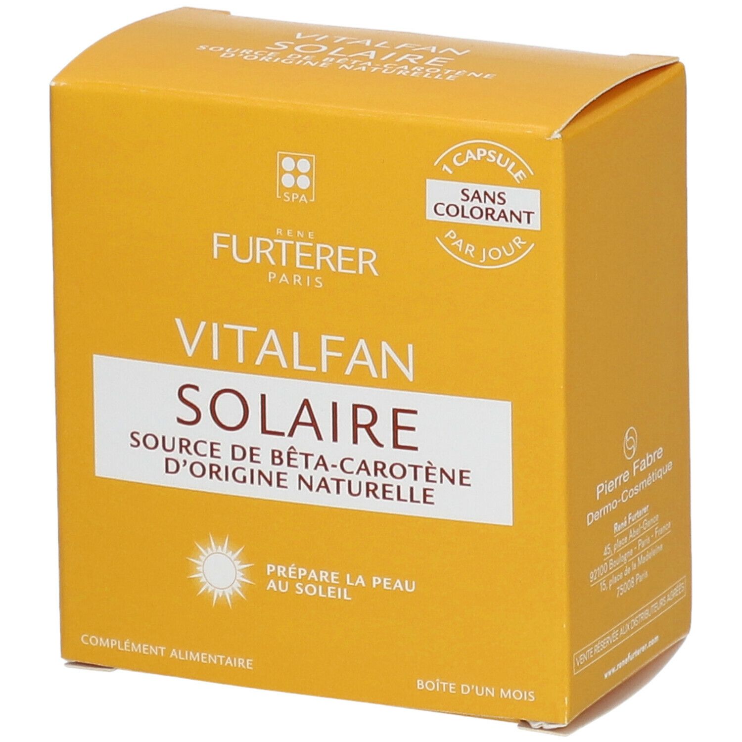 Boîte jaune avec nom et logo du produit. Texte: VITALFAN Solaire, source de bêta-carotène. 1 capsule par jour.